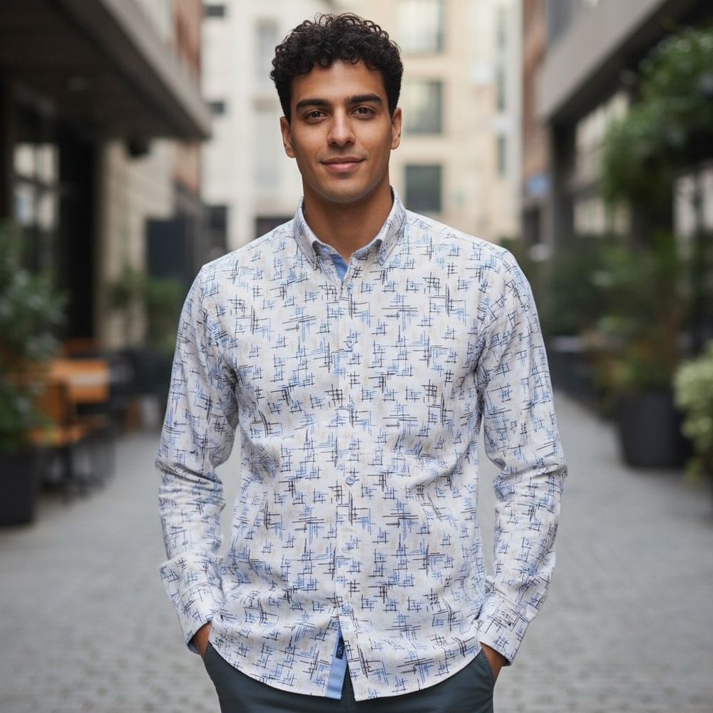 Men's  Azaro Uomo Navy Patterned Long Sleeve Button Down Shirt Size 4XL
